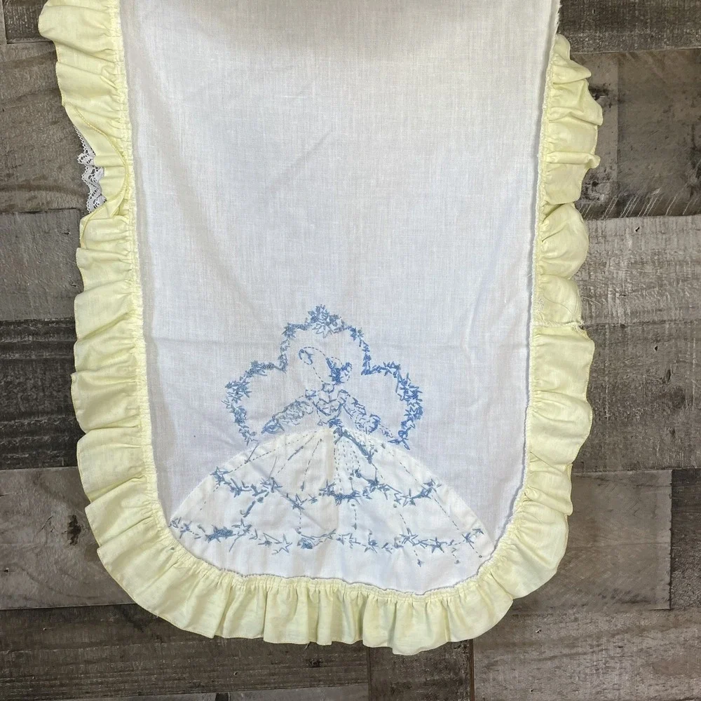 Vtg Hand Embroidered Table Runner Floral Pastel Lady Cottagecore Lace Trim